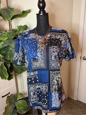 Piombo Patchwork Bandana Print Tee in Blue and Black